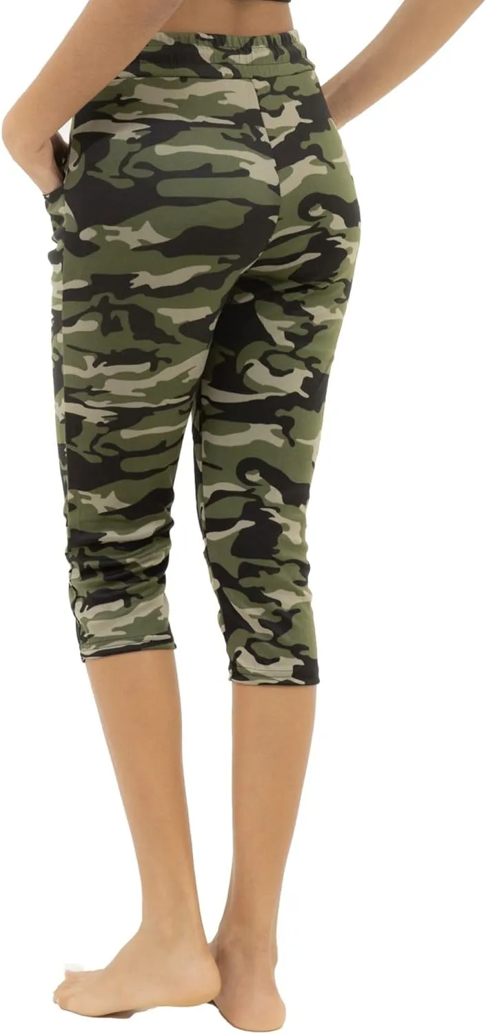 Women's Army Capri Sweatpants - Cotton Blend Camouflage Cargo Joggers with Pockets