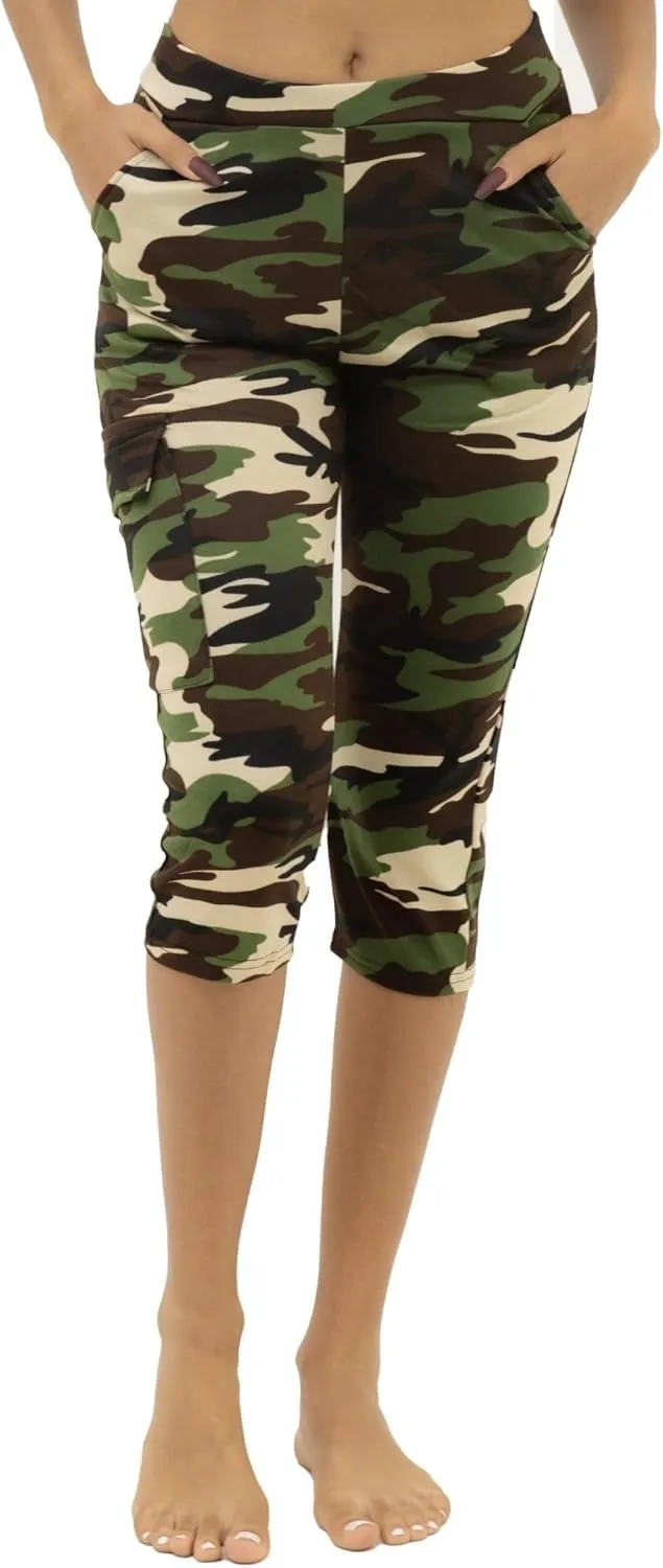 Women's Army Capri Sweatpants - Cotton Blend Camouflage Cargo Joggers with Pockets