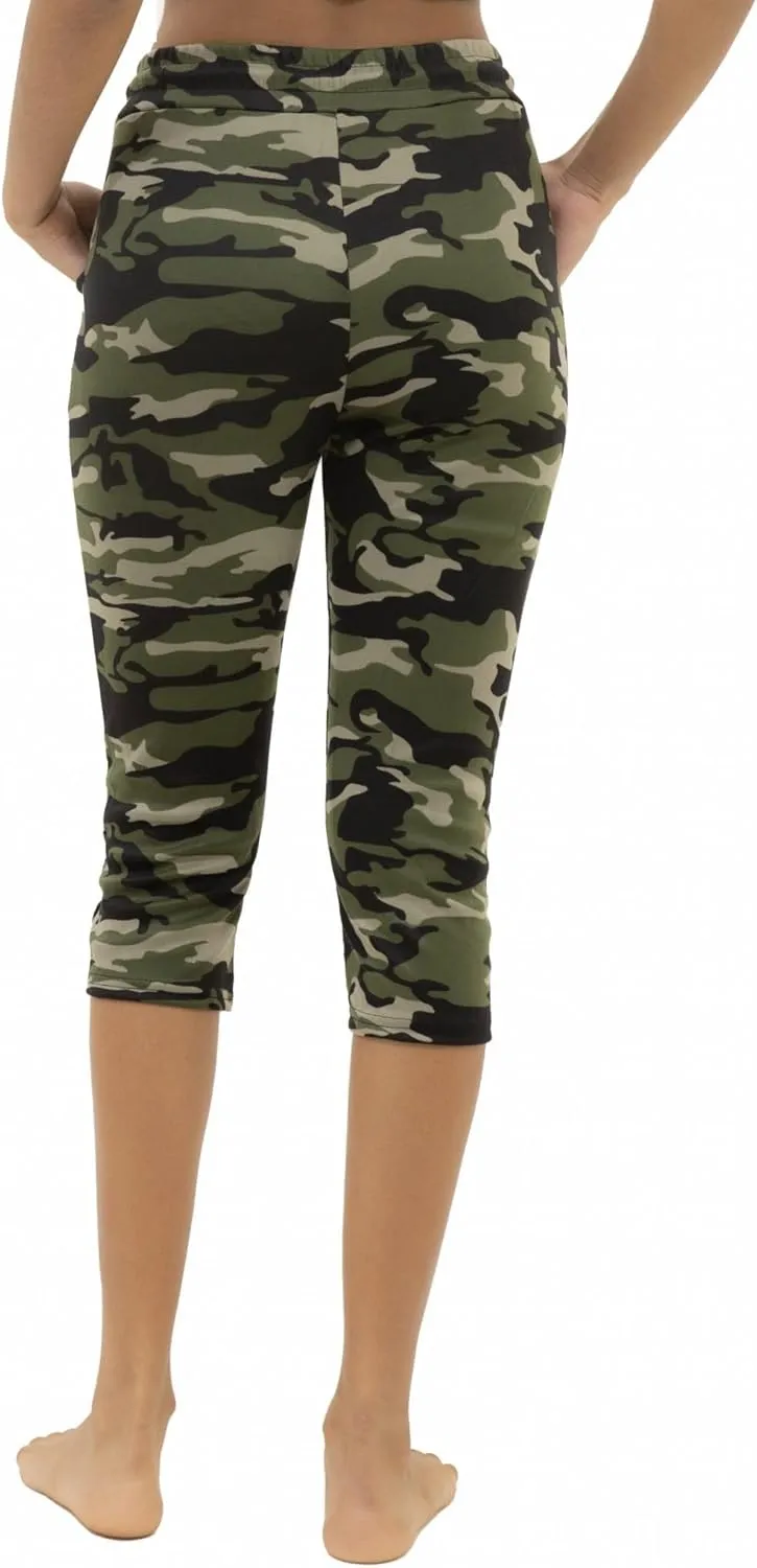 Women's Army Capri Sweatpants - Cotton Blend Camouflage Cargo Joggers with Pockets