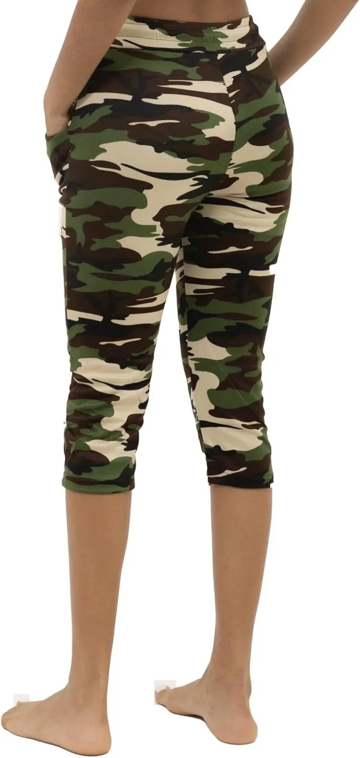 Women's Army Capri Sweatpants - Cotton Blend Camouflage Cargo Joggers with Pockets