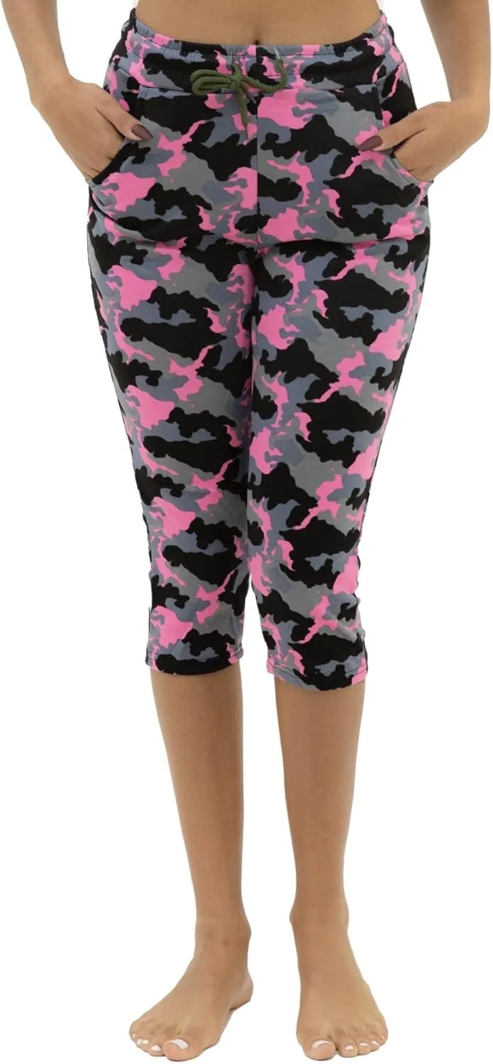 Women's Army Capri Sweatpants - Cotton Blend Camouflage Cargo Joggers with Pockets