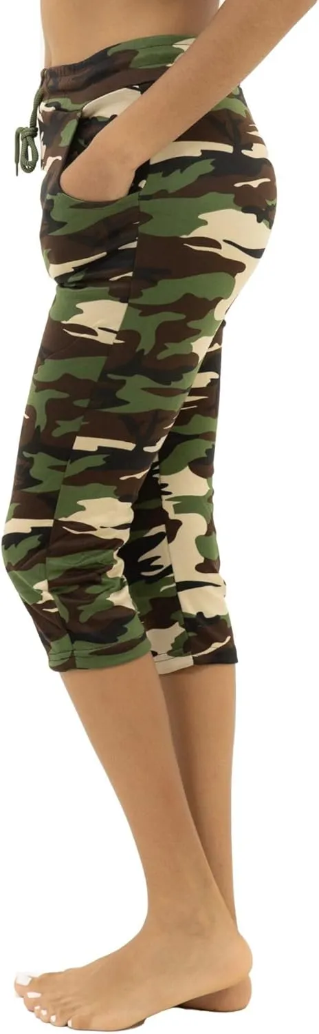 Women's Army Capri Sweatpants - Cotton Blend Camouflage Cargo Joggers with Pockets