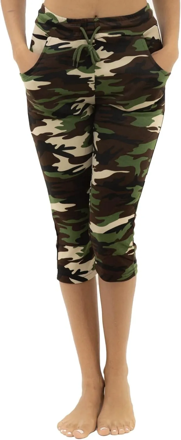 Women's Army Capri Sweatpants - Cotton Blend Camouflage Cargo Joggers with Pockets