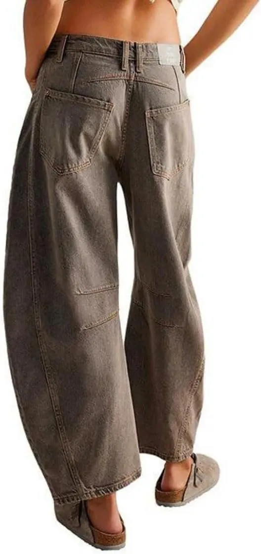 Womens Baggy Boyfriend Jeans Vintage Wide Leg Mid Rise Barrel Denim Ankle Pants Cropped Jeans