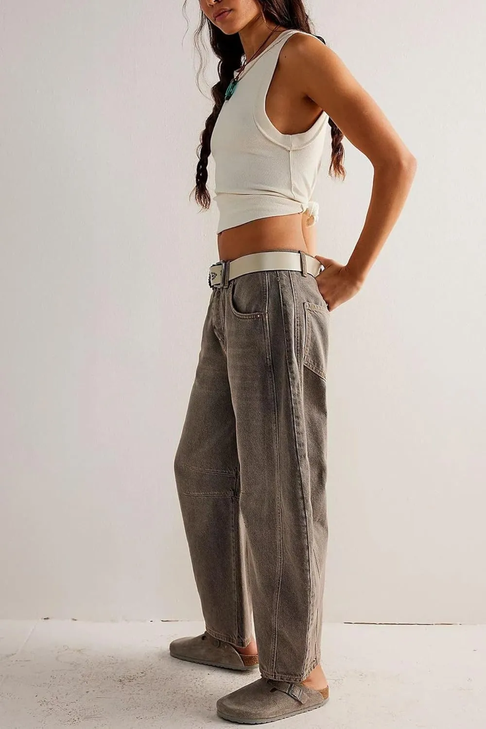 Womens Baggy Boyfriend Jeans Vintage Wide Leg Mid Rise Barrel Denim Ankle Pants Cropped Jeans