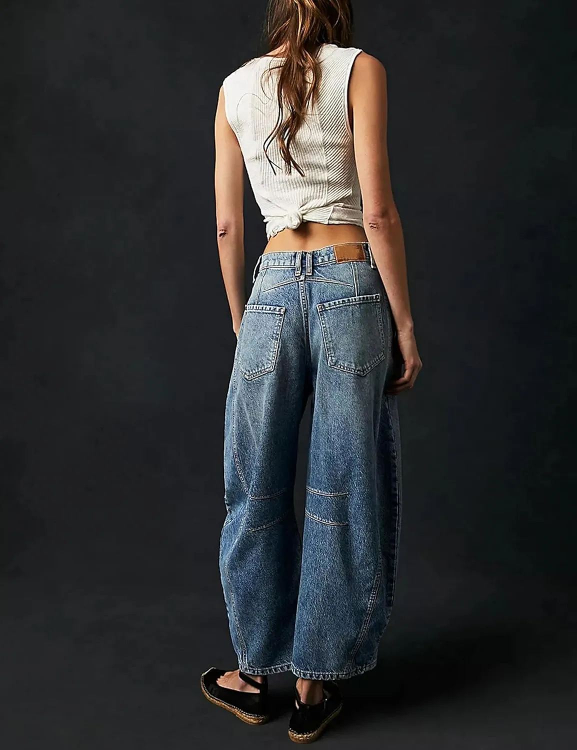 Womens Baggy Boyfriend Jeans Vintage Wide Leg Mid Rise Barrel Denim Ankle Pants Cropped Jeans