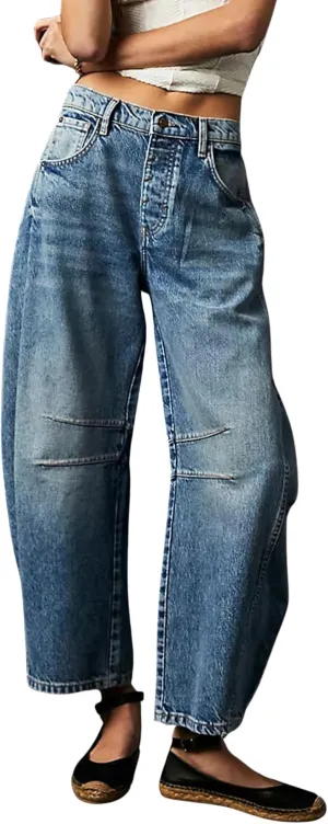 Womens Baggy Boyfriend Jeans Vintage Wide Leg Mid Rise Barrel Denim Ankle Pants Cropped Jeans
