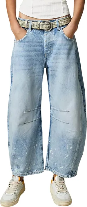 Womens Baggy Boyfriend Jeans Vintage Wide Leg Mid Rise Barrel Denim Ankle Pants Cropped Jeans