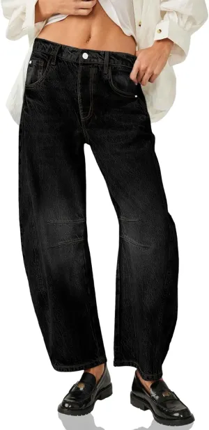 Womens Baggy Boyfriend Jeans Vintage Wide Leg Mid Rise Barrel Denim Ankle Pants Cropped Jeans