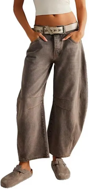 Womens Baggy Boyfriend Jeans Vintage Wide Leg Mid Rise Barrel Denim Ankle Pants Cropped Jeans