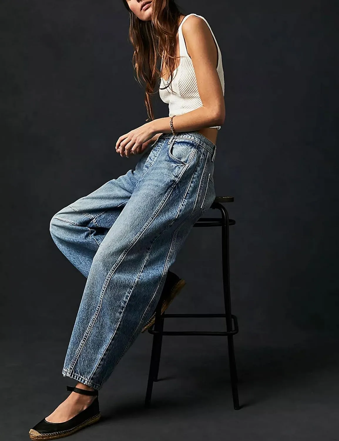 Womens Baggy Boyfriend Jeans Vintage Wide Leg Mid Rise Barrel Denim Ankle Pants Cropped Jeans