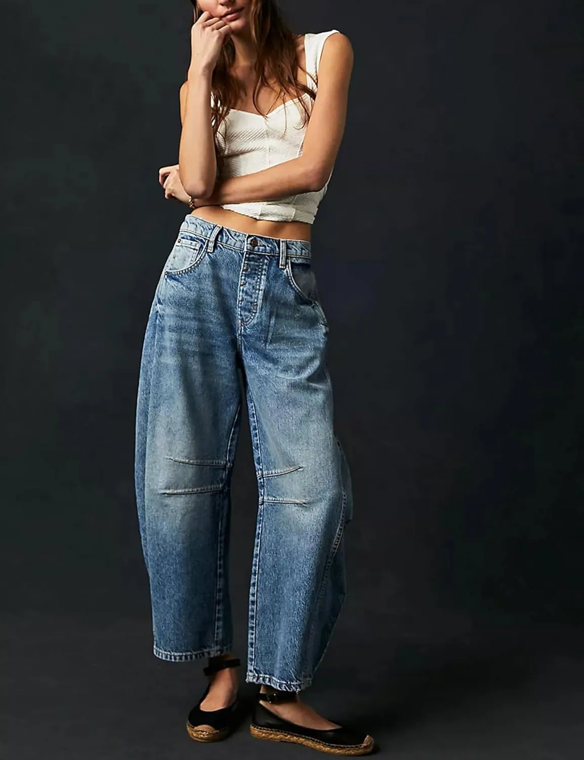 Womens Baggy Boyfriend Jeans Vintage Wide Leg Mid Rise Barrel Denim Ankle Pants Cropped Jeans