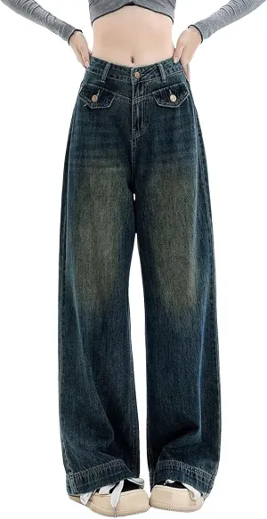 Women's Baggy Jeans Vintage Y2K Wide Leg Jeans High Waisted Boyfriend Pants Loose Fit Cargo Jeans for Teen Girls