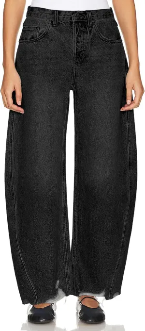 Women's Baggy Wide Leg Cropped Jeans High Waisted Boyfriend Barrel Jean Stretch Ankle Ripped Horseshoes Denim Pants
