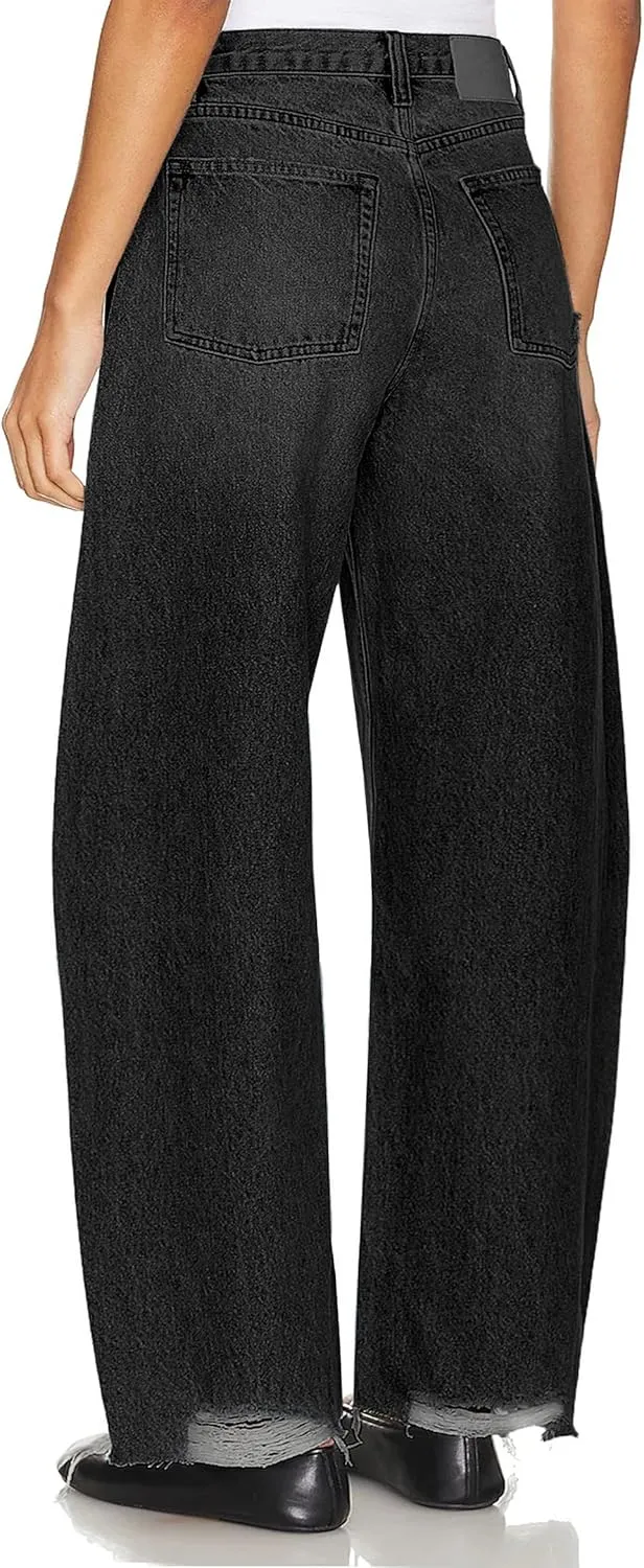 Women's Baggy Wide Leg Cropped Jeans High Waisted Boyfriend Barrel Jean Stretch Ankle Ripped Horseshoes Denim Pants