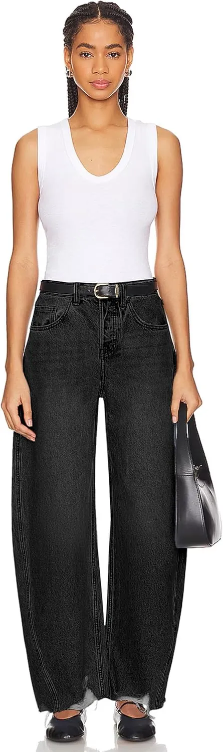 Women's Baggy Wide Leg Cropped Jeans High Waisted Boyfriend Barrel Jean Stretch Ankle Ripped Horseshoes Denim Pants