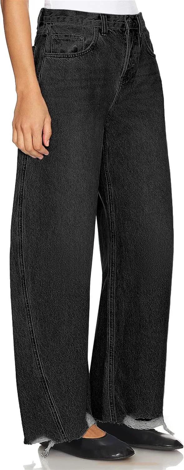 Women's Baggy Wide Leg Cropped Jeans High Waisted Boyfriend Barrel Jean Stretch Ankle Ripped Horseshoes Denim Pants