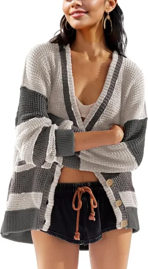 Womens Button Down Cardigan Sweaters Long Sleeve V Neck Knit Tops with Pockets