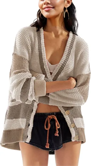 Womens Button Down Cardigan Sweaters Long Sleeve V Neck Knit Tops with Pockets