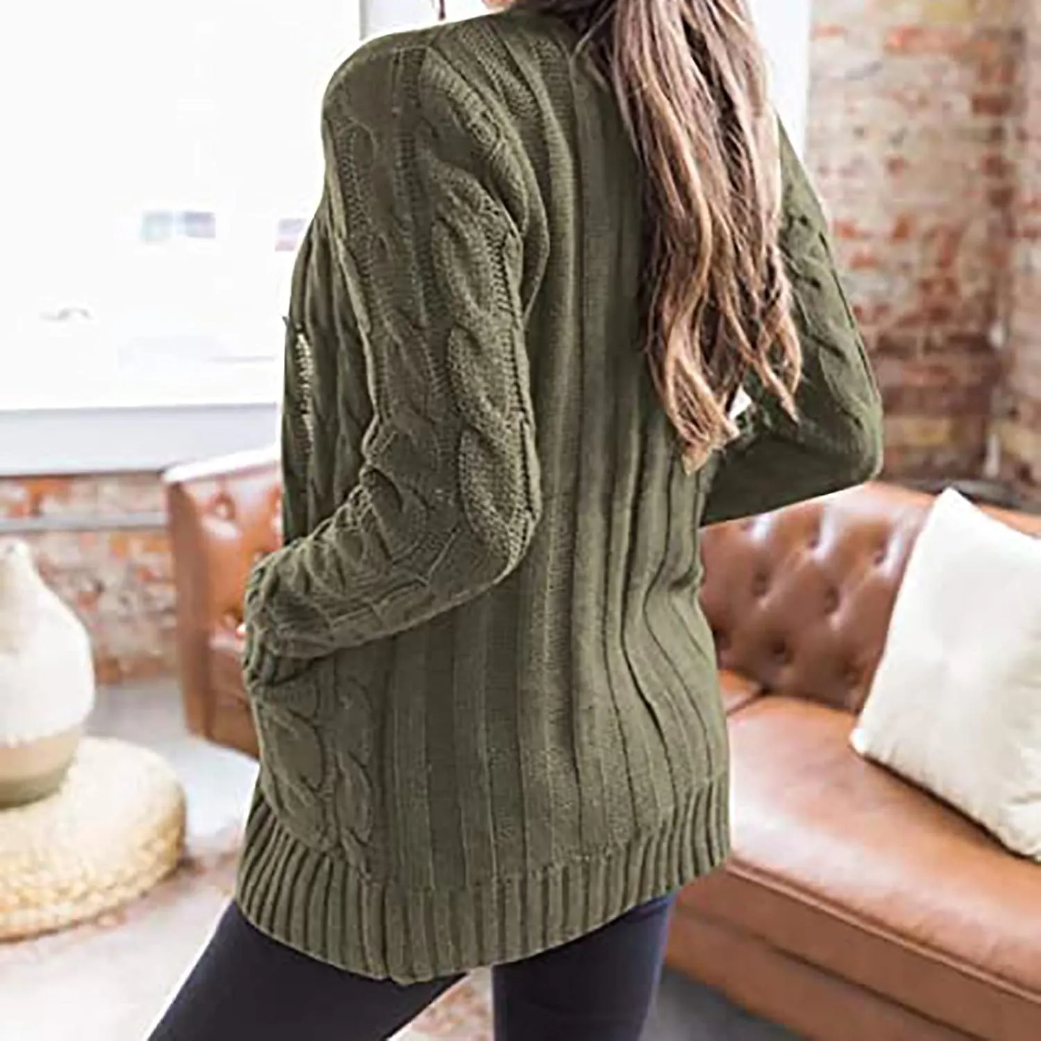 Womens Cable Knit Cotton Cardigan Sweaters Button V Neck Open Front Midi Sweater Jacket Winter Chunky Sweater Coat