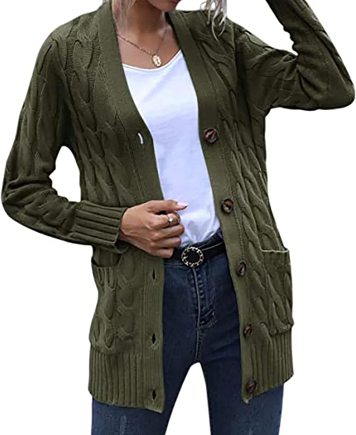 Womens Cable Knit Cotton Cardigan Sweaters Button V Neck Open Front Midi Sweater Jacket Winter Chunky Sweater Coat