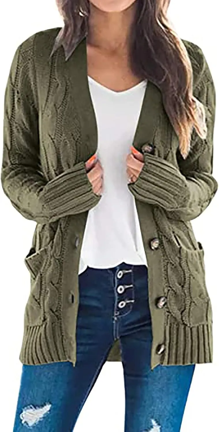 Womens Cable Knit Cotton Cardigan Sweaters Button V Neck Open Front Midi Sweater Jacket Winter Chunky Sweater Coat