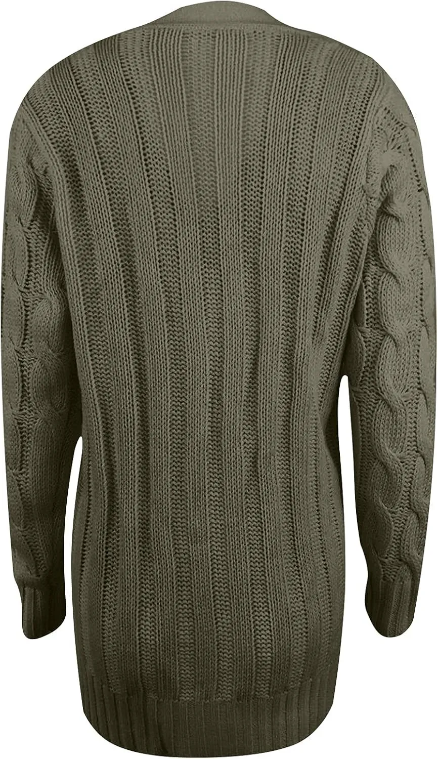 Womens Cable Knit Cotton Cardigan Sweaters Button V Neck Open Front Midi Sweater Jacket Winter Chunky Sweater Coat
