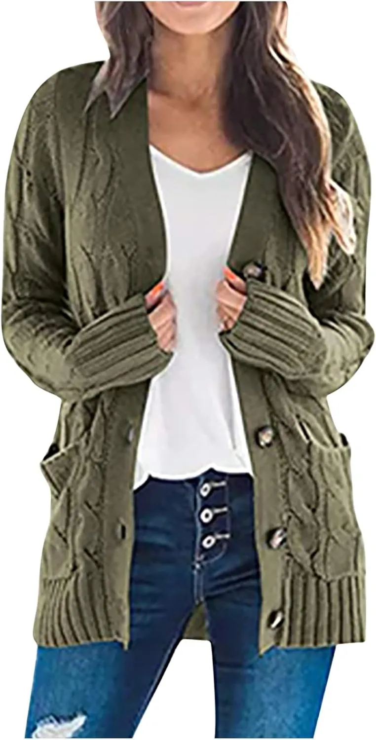 Womens Cable Knit Cotton Cardigan Sweaters Button V Neck Open Front Midi Sweater Jacket Winter Chunky Sweater Coat