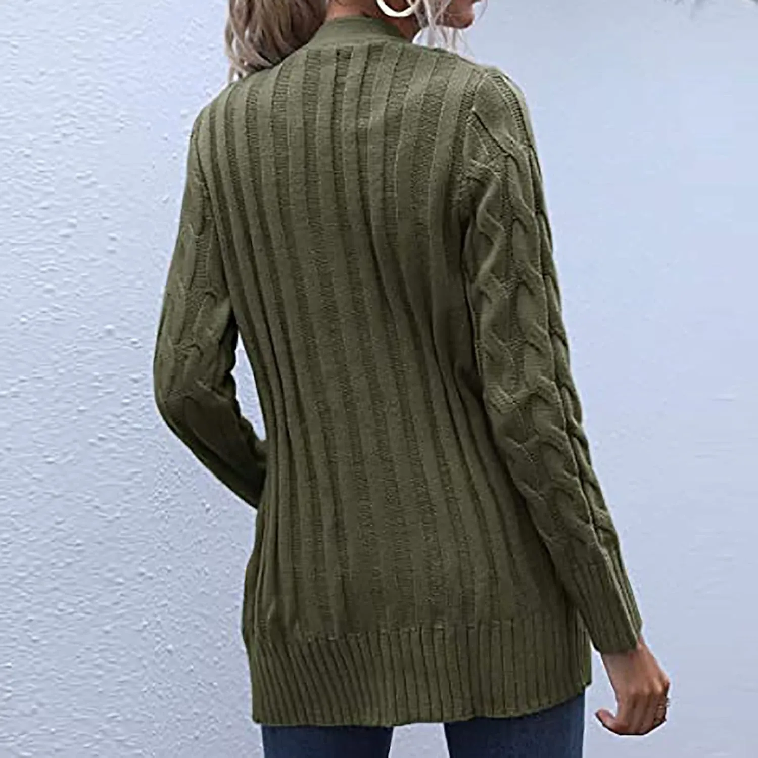 Womens Cable Knit Cotton Cardigan Sweaters Button V Neck Open Front Midi Sweater Jacket Winter Chunky Sweater Coat