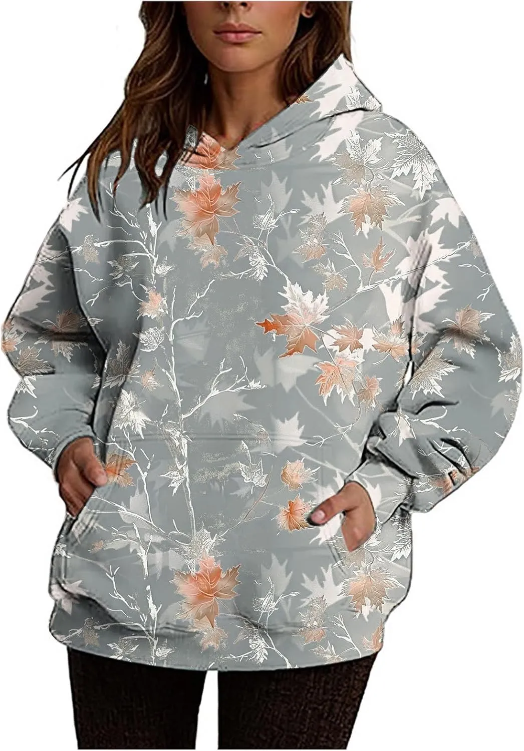 Womens Camo Hoodie Sweatshirt Oversized Maple Leaf Print Cute Hooded Sweatshirt Hoodies Pullover Trendy Fall Clothes
