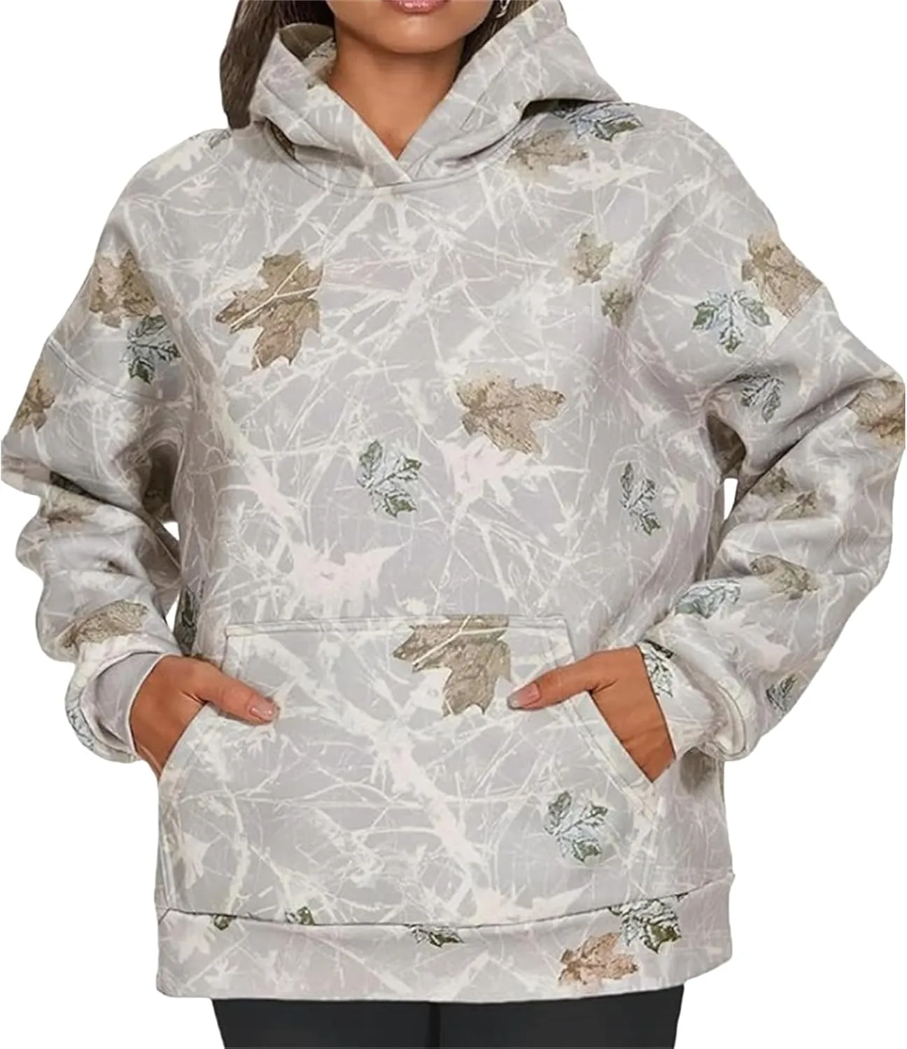 Womens Camo Hoodies Oversized Maple Leaf Print Sweatshirts Fleece Casual Long Sleeve Pullover Sweaters with Pockets