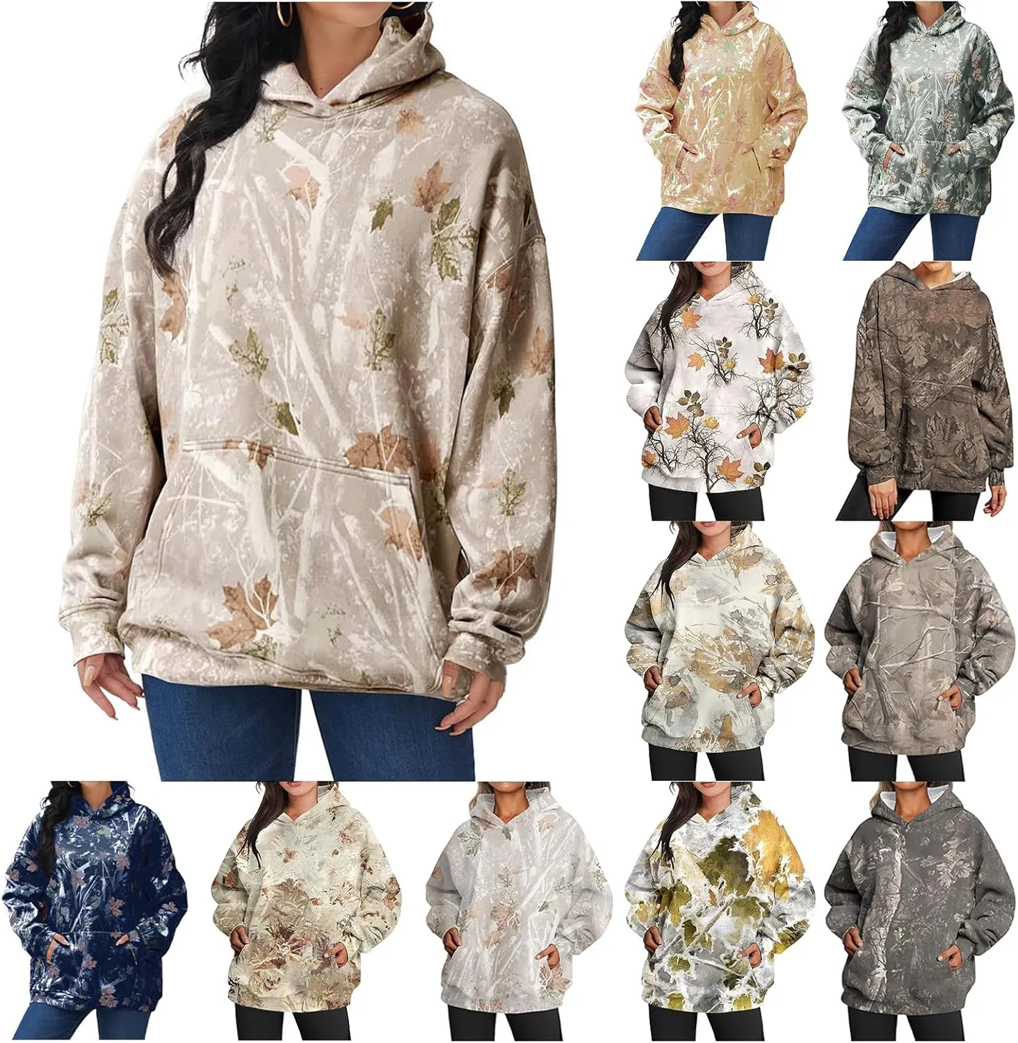 Womens Camo Hoodies Oversized Maple Leaf Print Sweatshirts Fleece Casual Long Sleeve Pullover Sweaters with Pockets