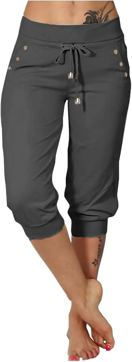 Womens Capri Pants Drawstring High Waisted Lightweight Workout Joggers Loose Stretch Yoga Hiking Pants with Pockets