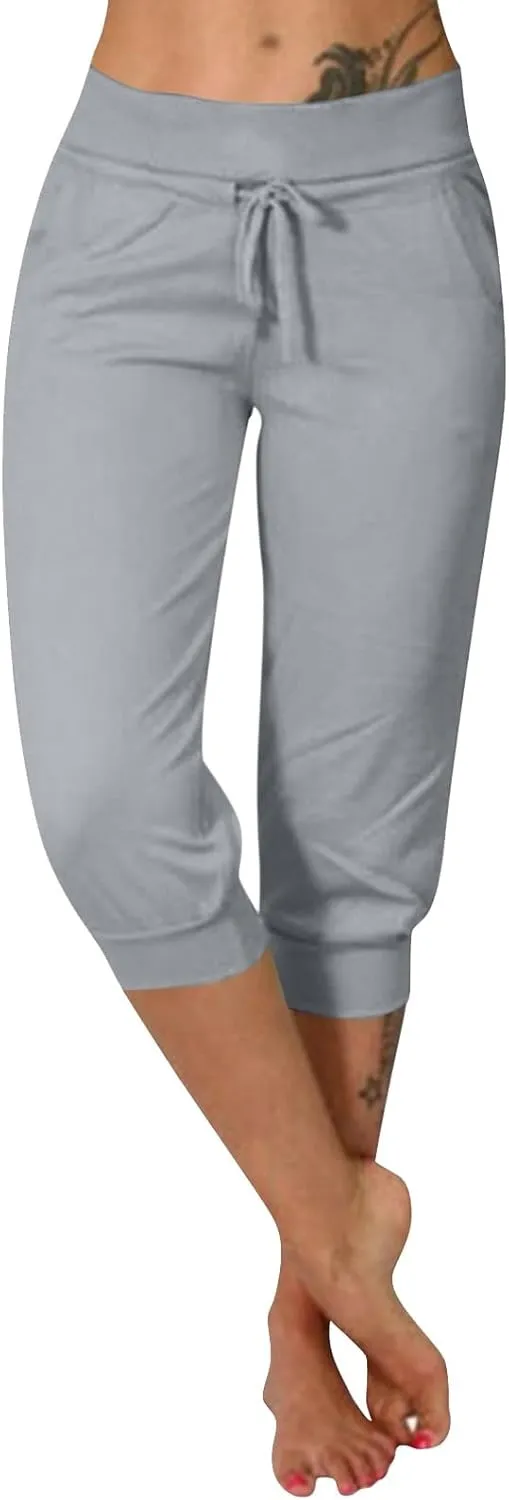 Womens Capri Pants Drawstring High Waisted Lightweight Workout Joggers Loose Stretch Yoga Hiking Pants with Pockets