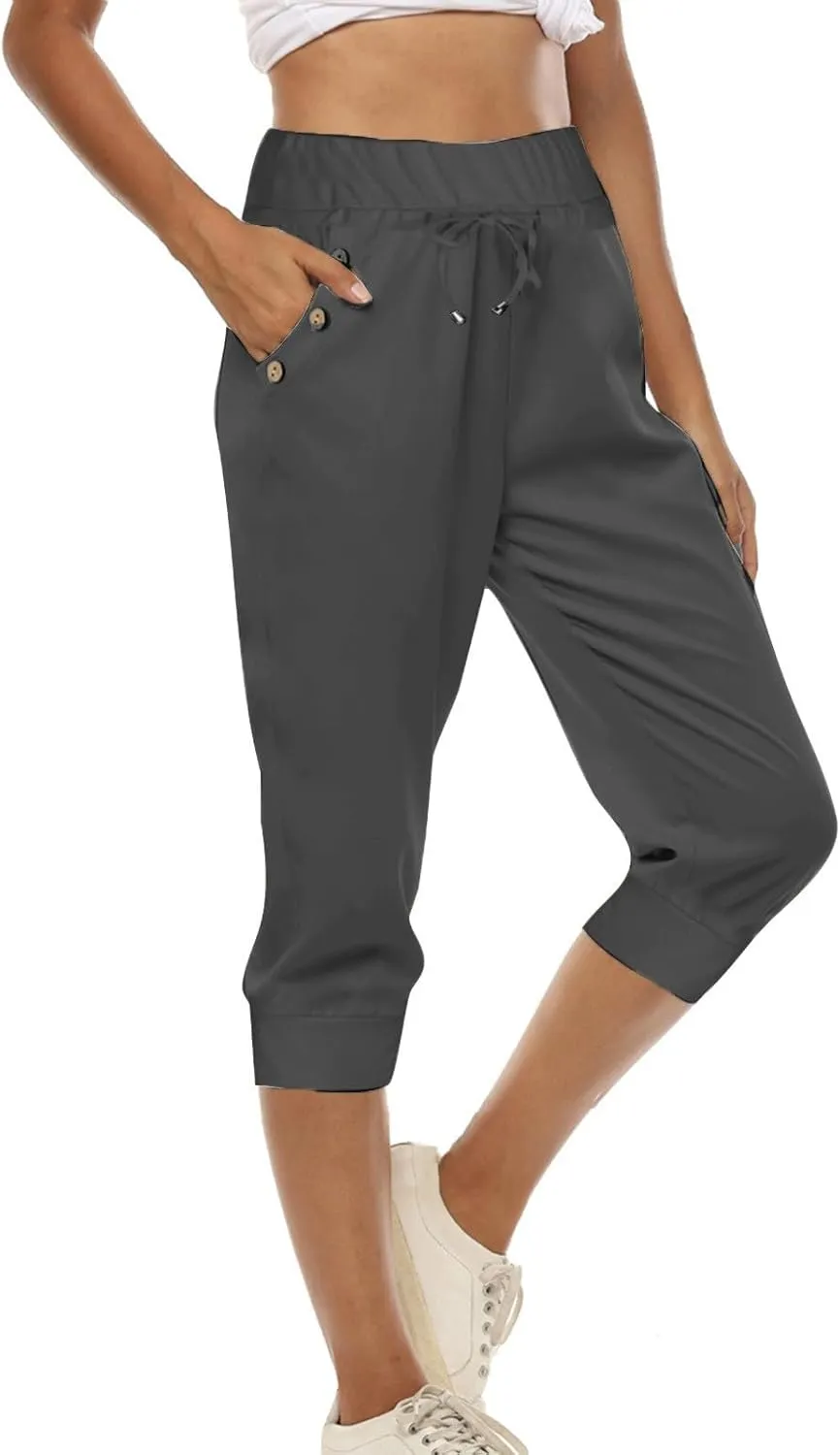 Womens Capri Pants Drawstring High Waisted Lightweight Workout Joggers Loose Stretch Yoga Hiking Pants with Pockets