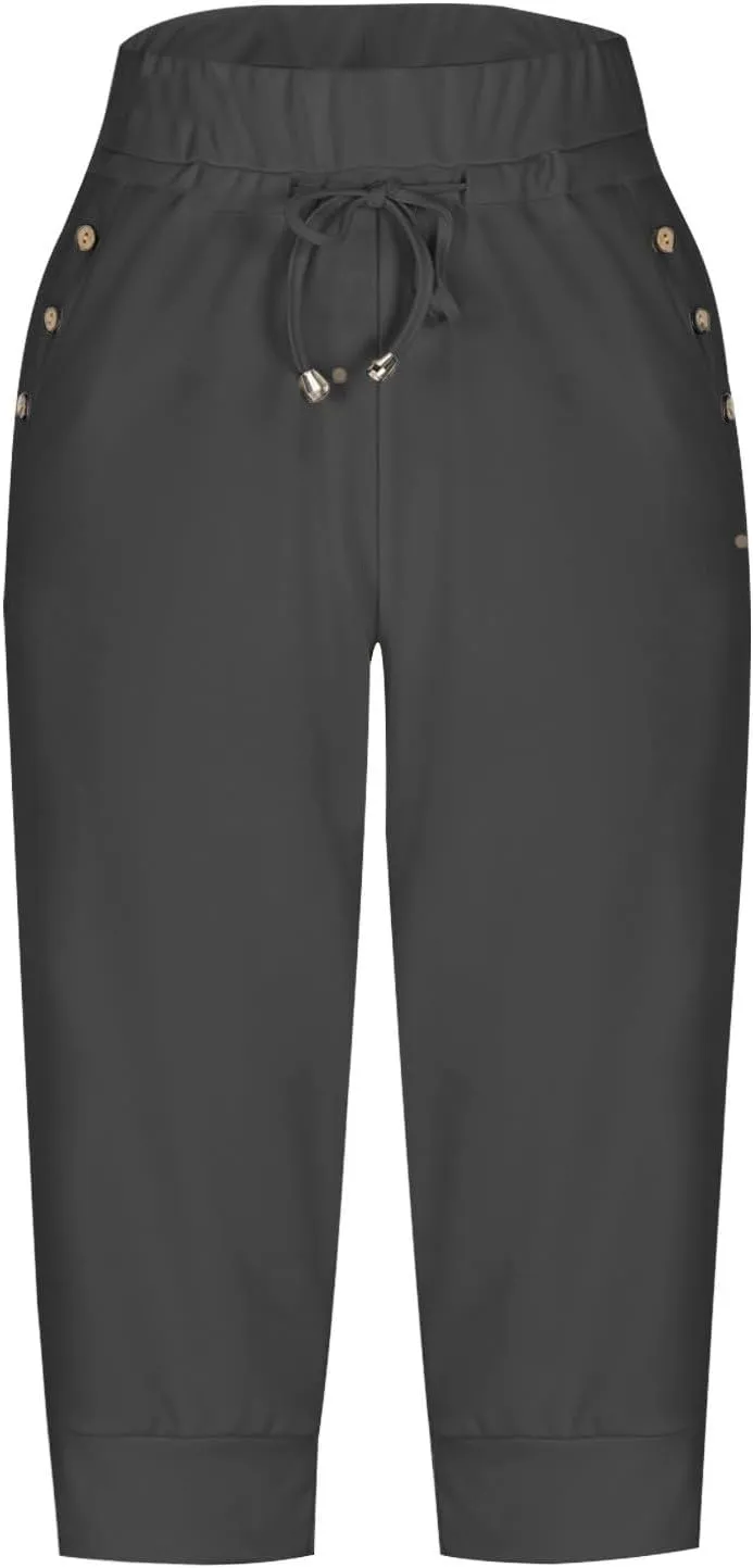 Womens Capri Pants Drawstring High Waisted Lightweight Workout Joggers Loose Stretch Yoga Hiking Pants with Pockets