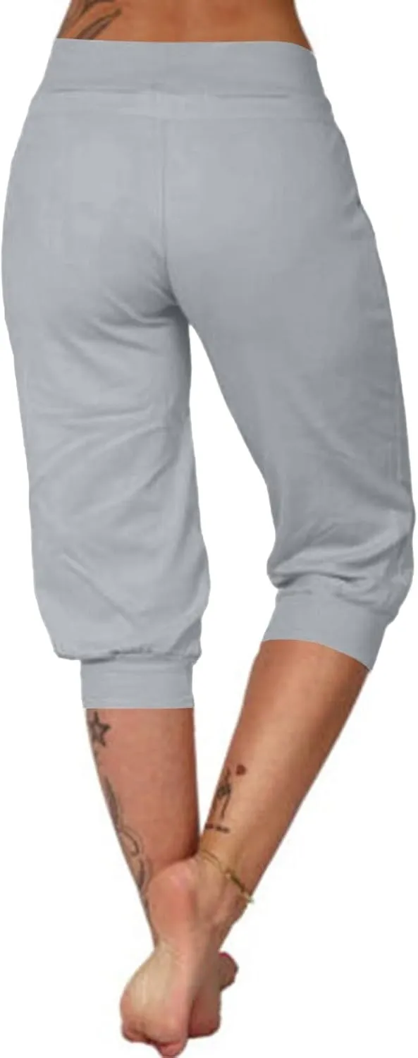 Womens Capri Pants Drawstring High Waisted Lightweight Workout Joggers Loose Stretch Yoga Hiking Pants with Pockets