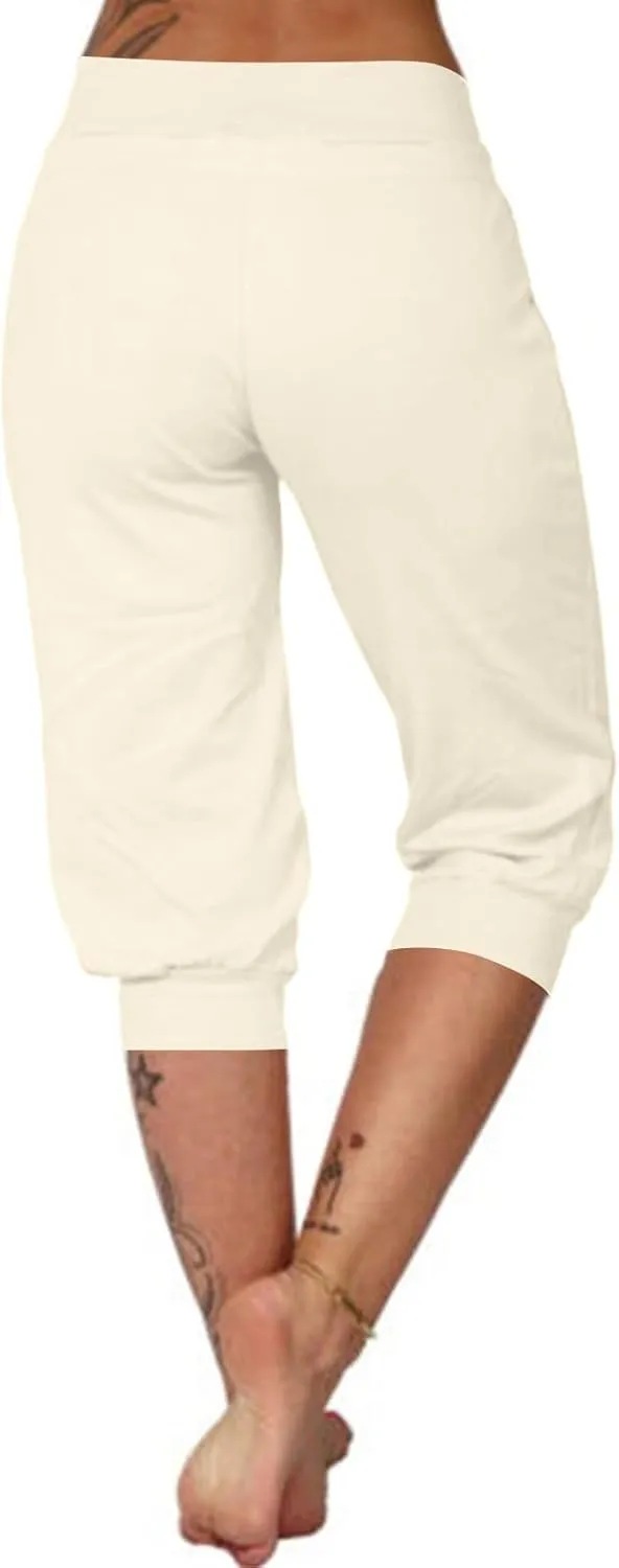 Womens Capri Pants Drawstring High Waisted Lightweight Workout Joggers Loose Stretch Yoga Hiking Pants with Pockets