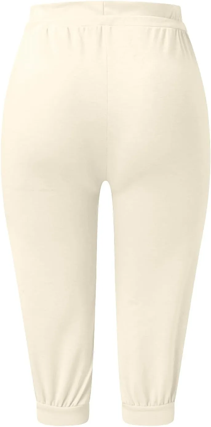 Womens Capri Pants Drawstring High Waisted Lightweight Workout Joggers Loose Stretch Yoga Hiking Pants with Pockets
