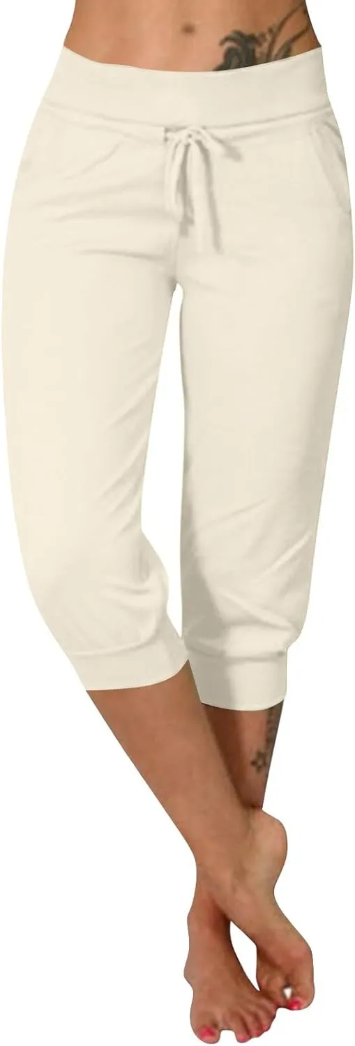 Womens Capri Pants Drawstring High Waisted Lightweight Workout Joggers Loose Stretch Yoga Hiking Pants with Pockets