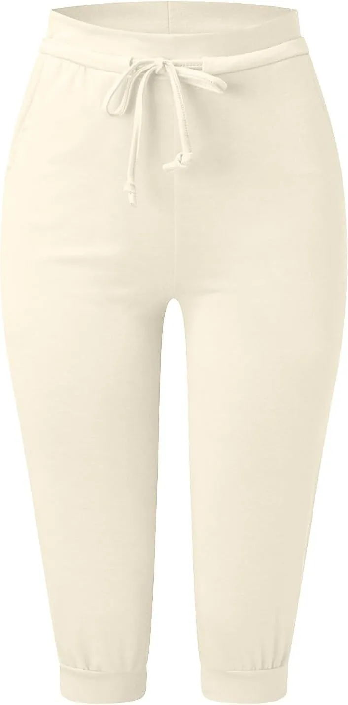 Womens Capri Pants Drawstring High Waisted Lightweight Workout Joggers Loose Stretch Yoga Hiking Pants with Pockets