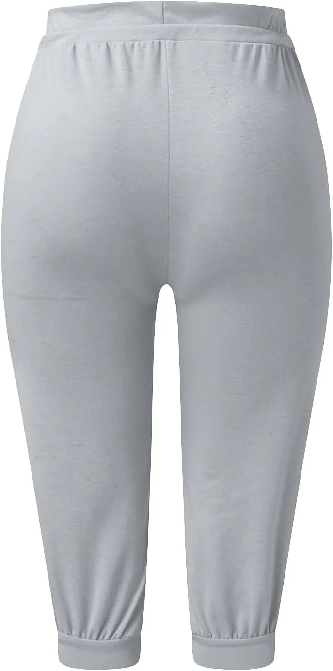 Womens Capri Pants Drawstring High Waisted Lightweight Workout Joggers Loose Stretch Yoga Hiking Pants with Pockets