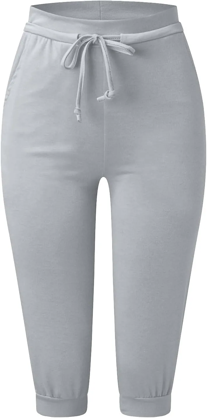 Womens Capri Pants Drawstring High Waisted Lightweight Workout Joggers Loose Stretch Yoga Hiking Pants with Pockets