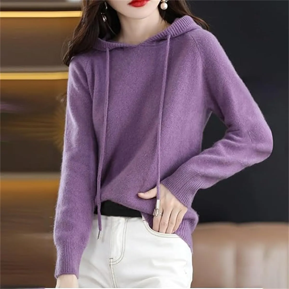 Womens Cashmere Sweater with Hooded Pullovers Fall Winter Cashmere Hooded Sweater Loose Knitting Pullover Sweater