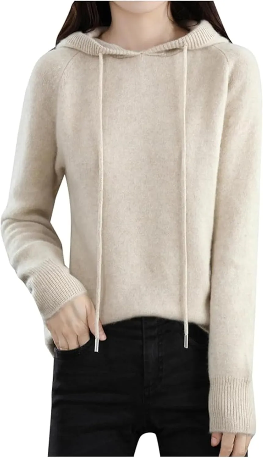 Womens Cashmere Sweater with Hooded Pullovers Fall Winter Cashmere Hooded Sweater Loose Knitting Pullover Sweater
