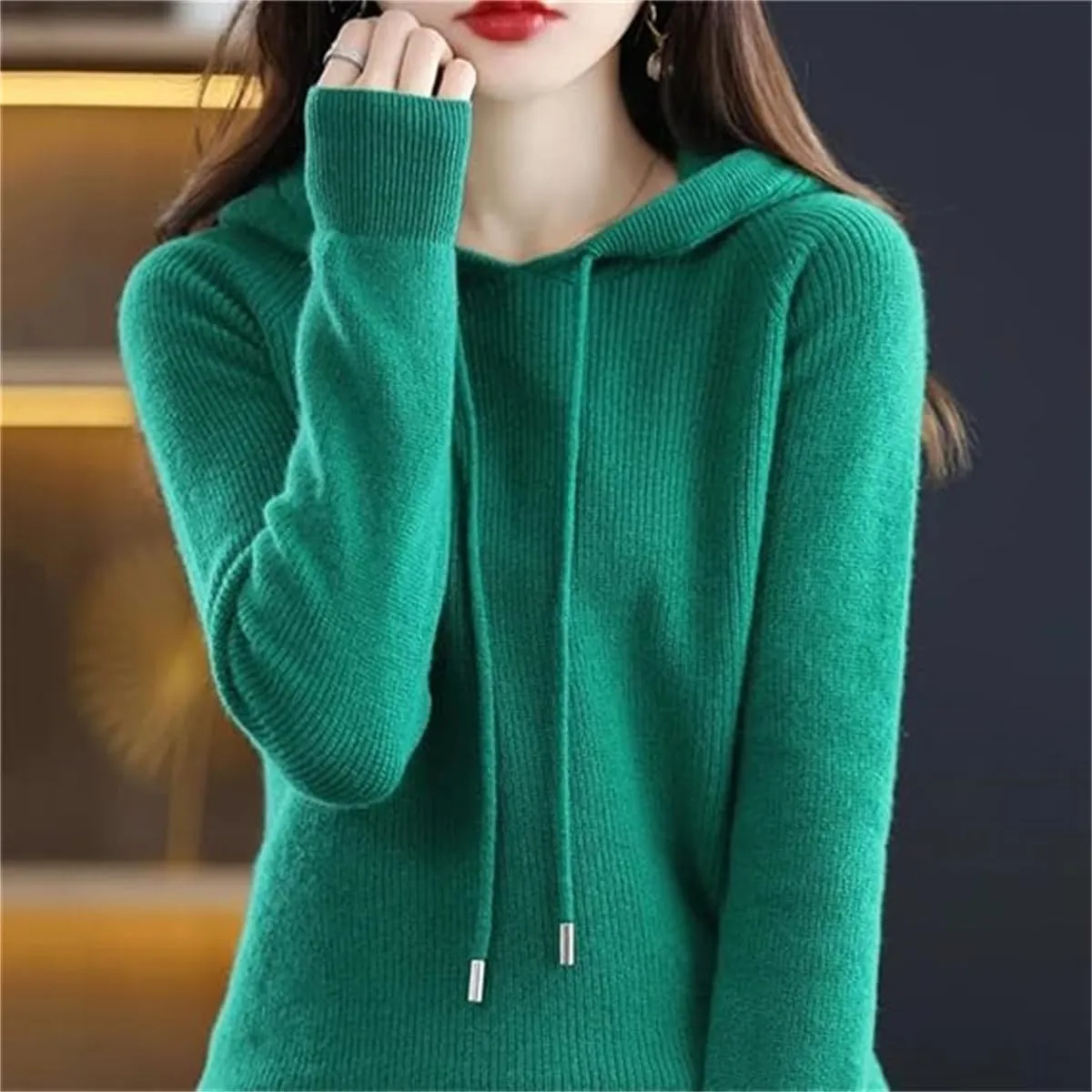 Womens Cashmere Sweater with Hooded Pullovers Fall Winter Cashmere Hooded Sweater Loose Knitting Pullover Sweater