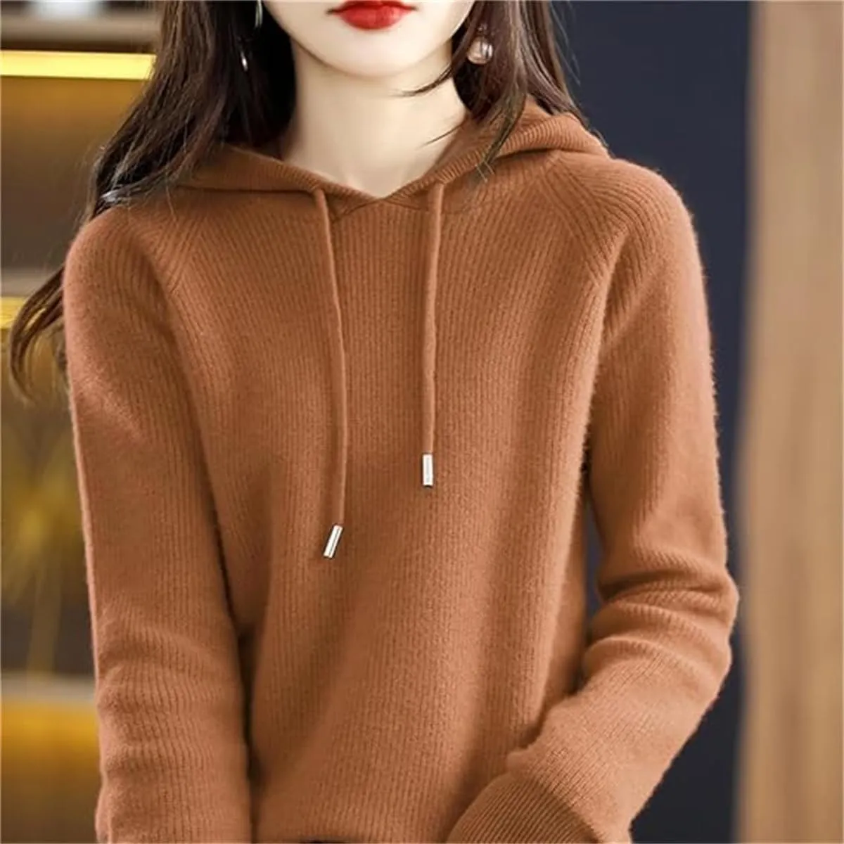 Womens Cashmere Sweater with Hooded Pullovers Fall Winter Cashmere Hooded Sweater Loose Knitting Pullover Sweater