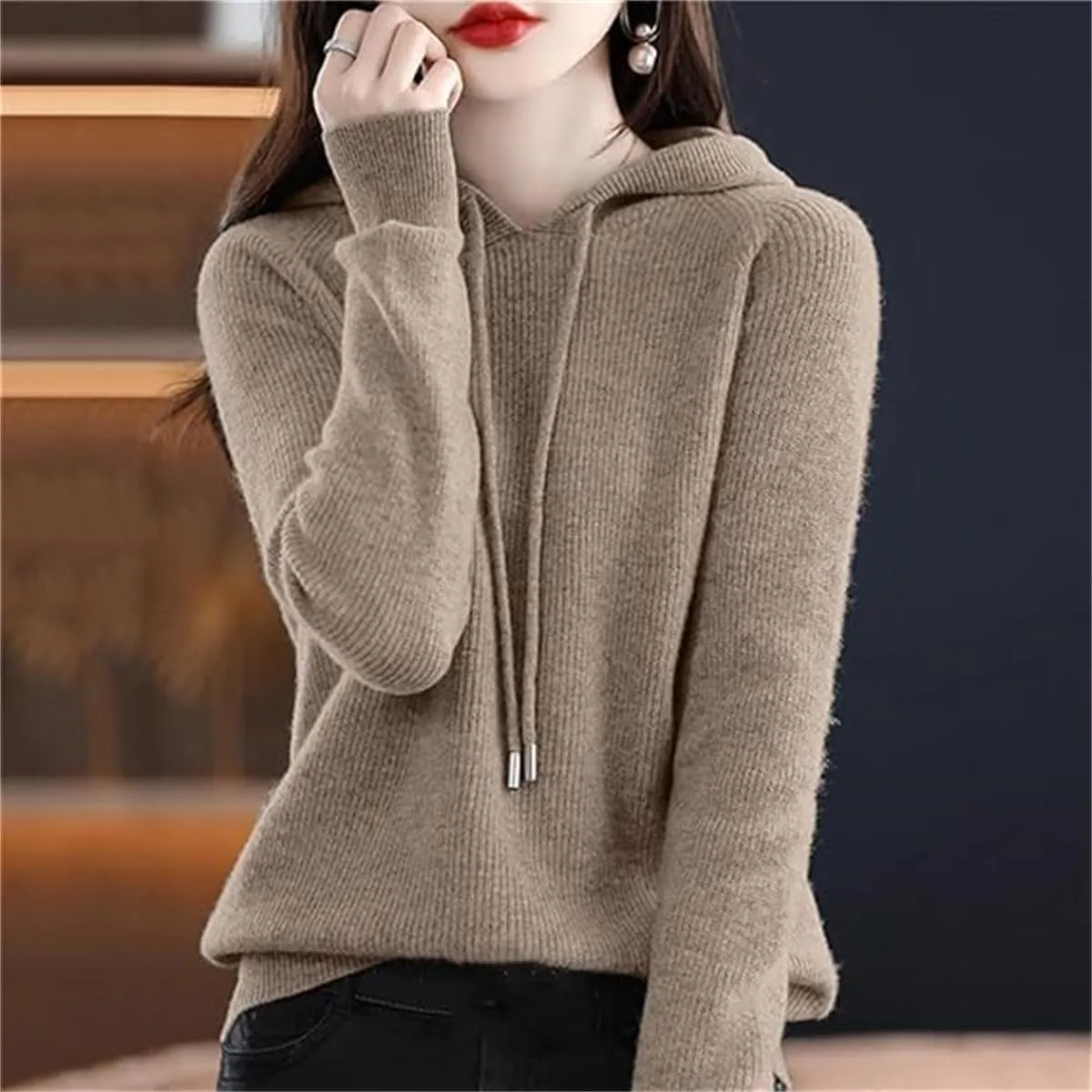 Womens Cashmere Sweater with Hooded Pullovers Fall Winter Cashmere Hooded Sweater Loose Knitting Pullover Sweater