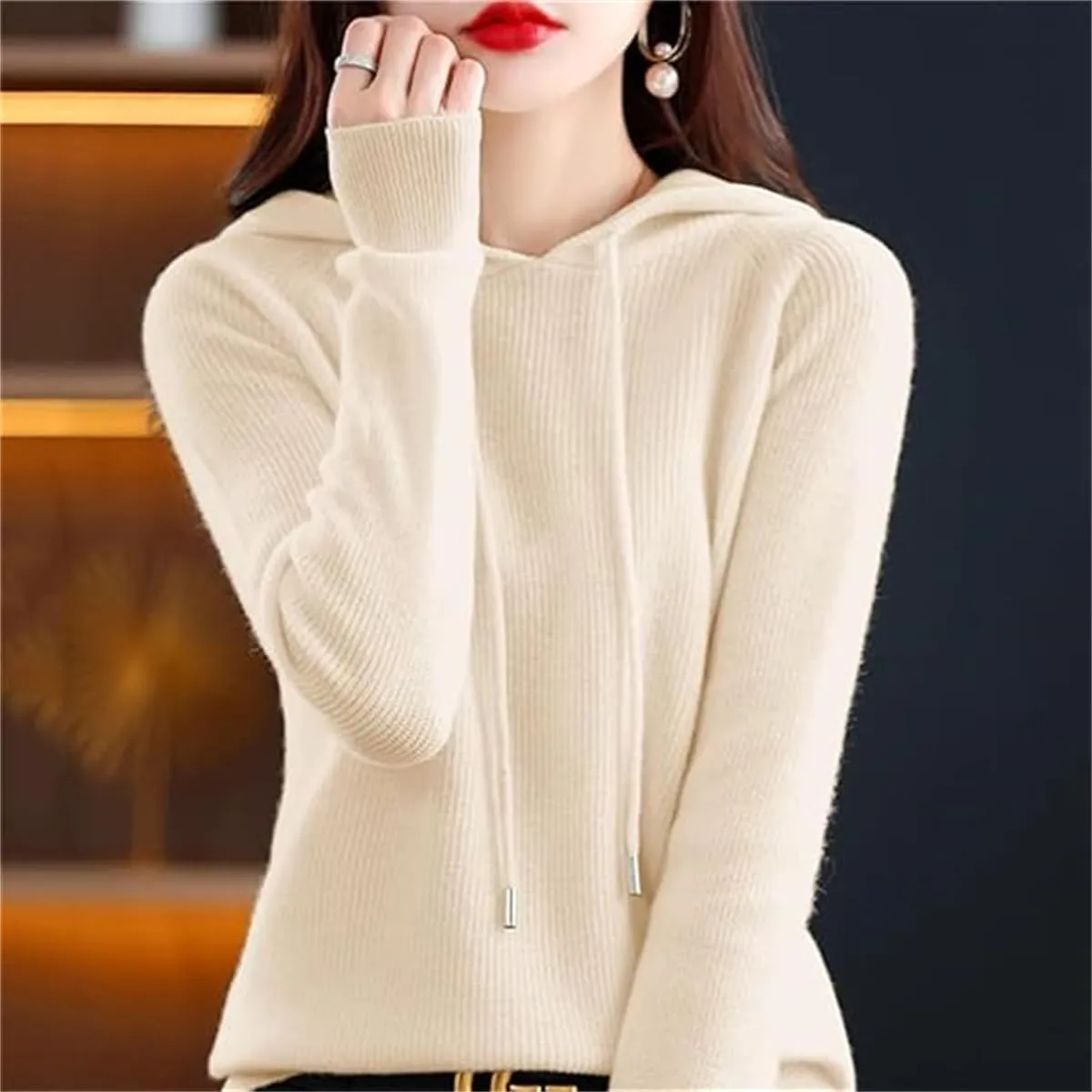 Womens Cashmere Sweater with Hooded Pullovers Fall Winter Cashmere Hooded Sweater Loose Knitting Pullover Sweater
