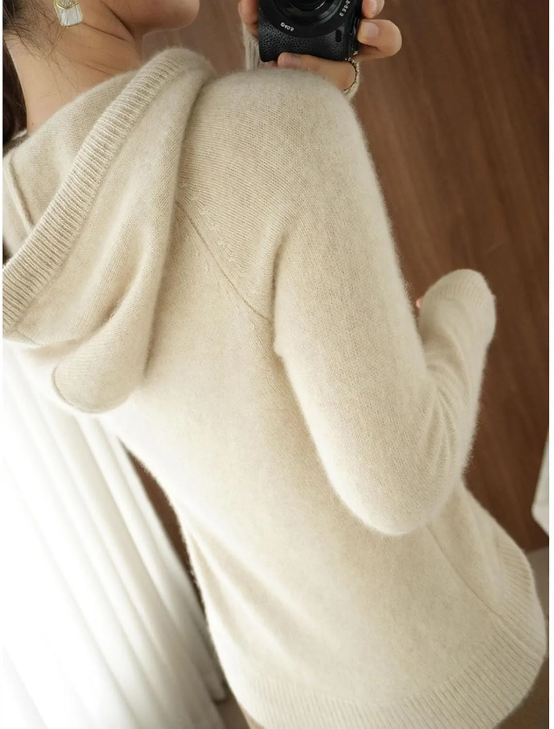 Women's Cashmere Sweater with Hooded Pullovers, Warm Knit Bottomed Drawstring Thick Sweater, Casual Loose Streetwear